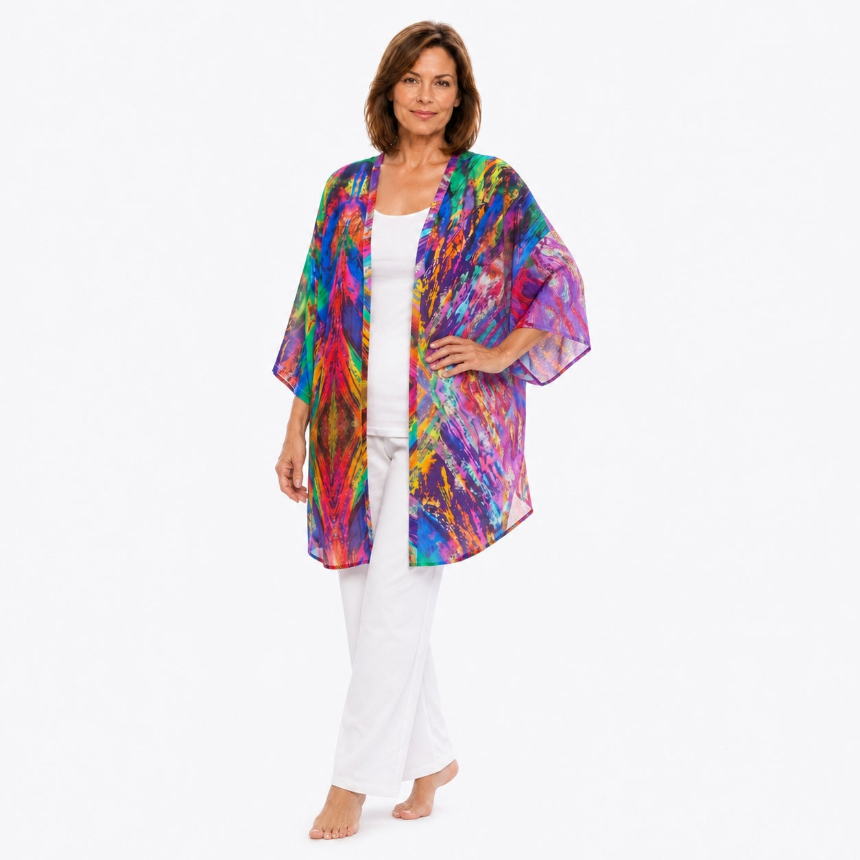 Woman wearing the Claire Powell Surprise Modal Kimono Cover-Up, fashion pose