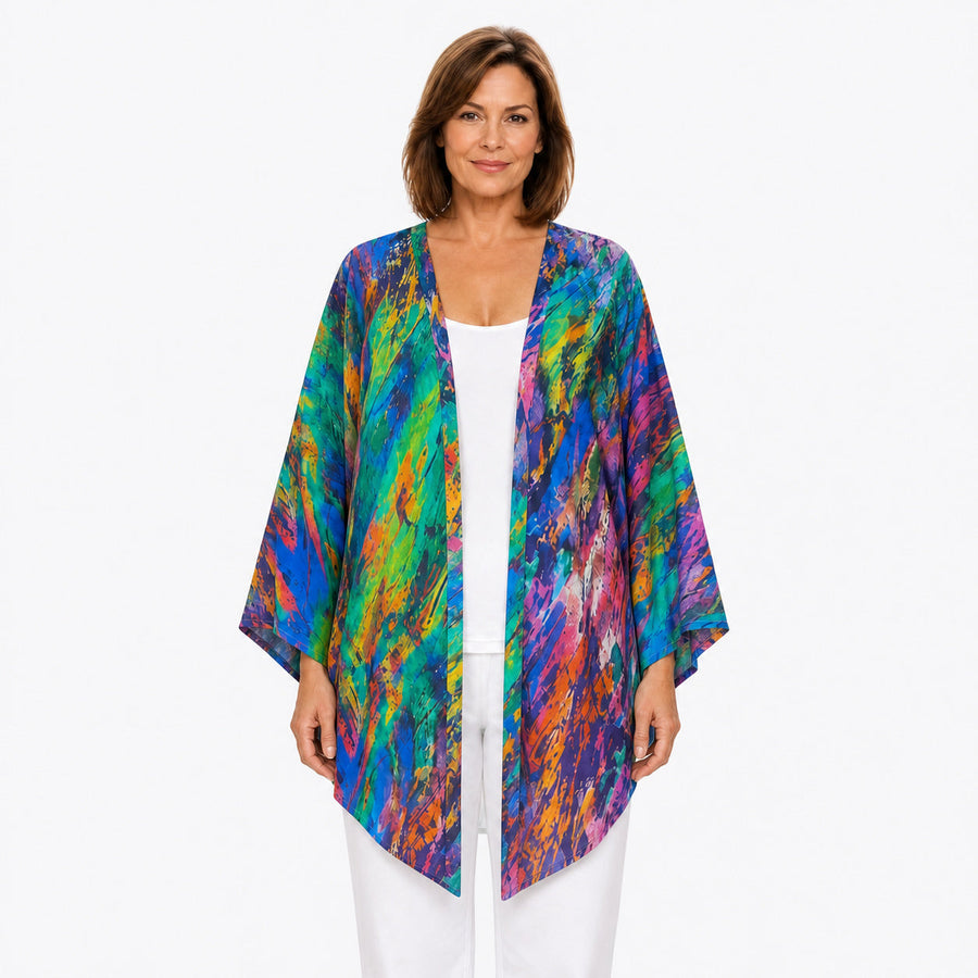 Woman wearing the Claire Powell Surprise Modal Kimono Cover-Up, front view