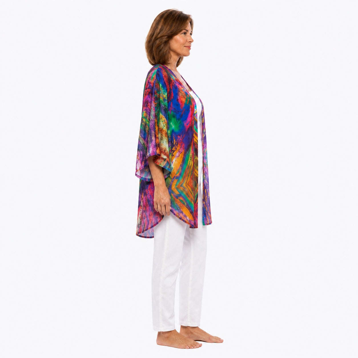 Woman wearing the Claire Powell Surprise Modal Kimono Cover-Up, side view