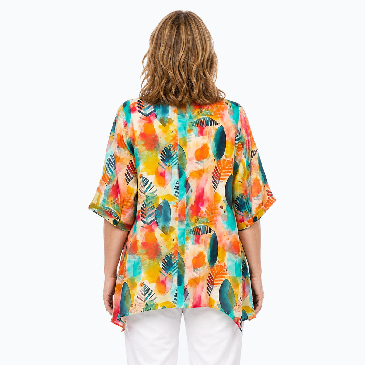 Woman wearing the Claire Powell Tropicana A-Line Tunic Shirt, back view