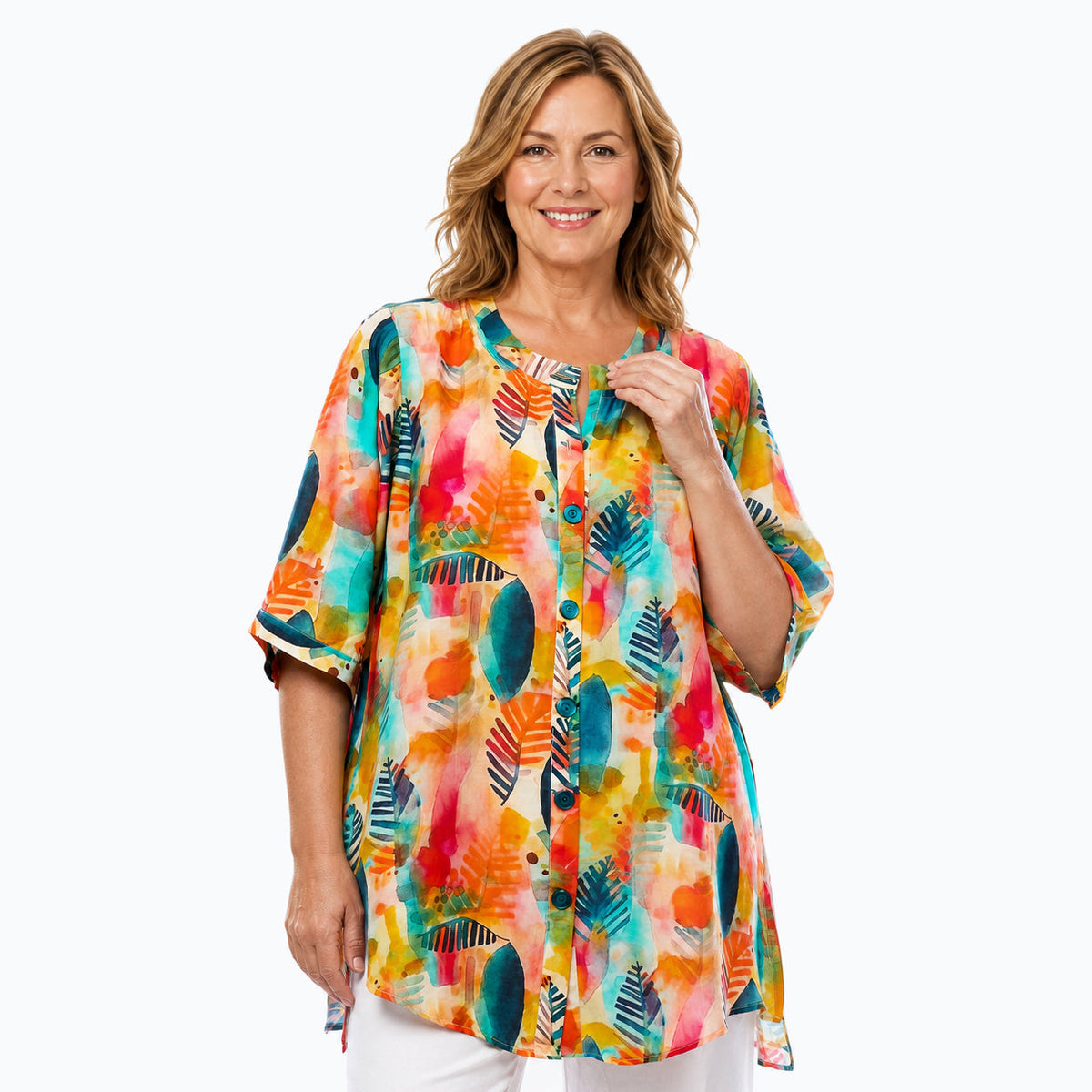 Woman wearing the Claire Powell Tropicana A-Line Tunic Shirt, front view