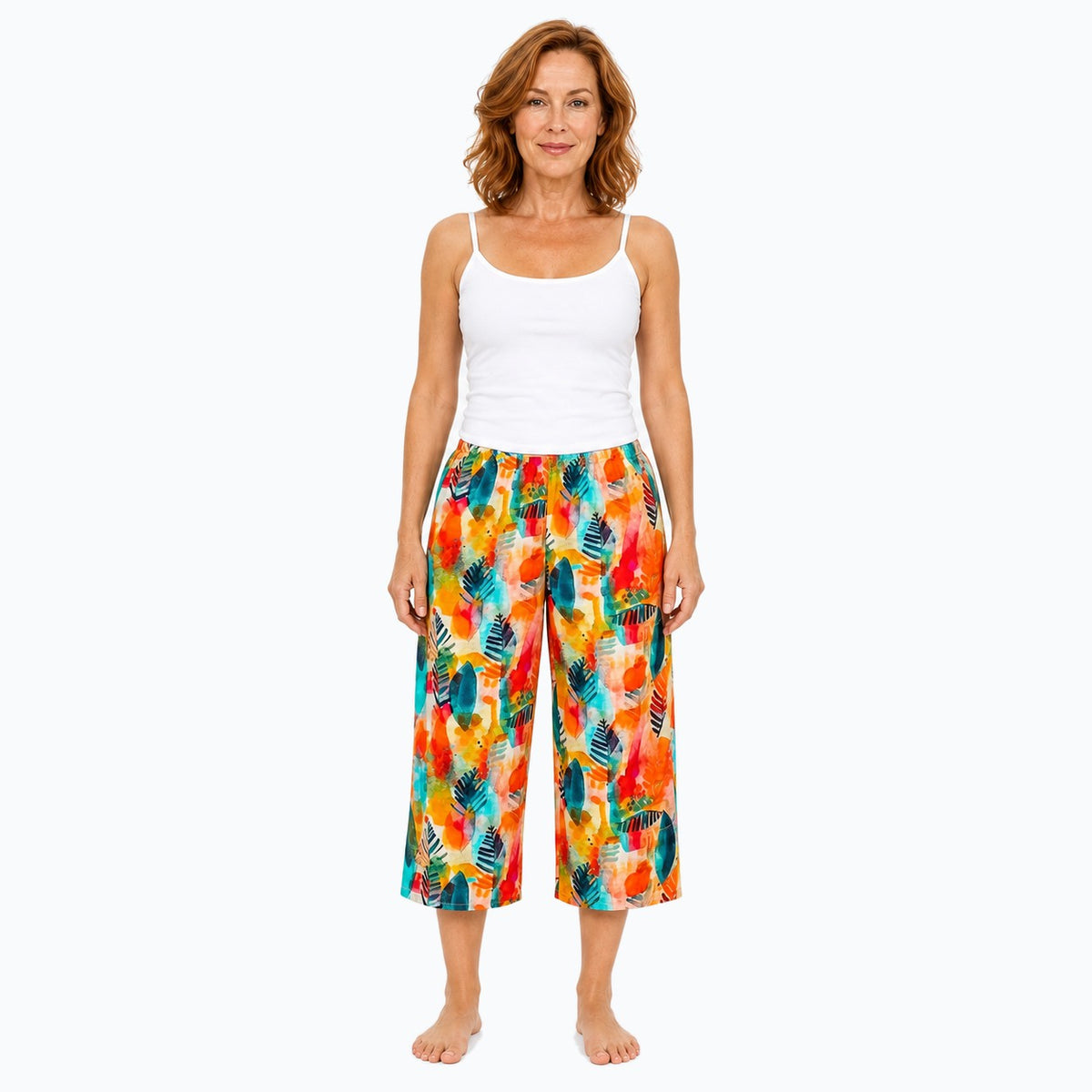Woman wearing the Claire Powell Tropicana Cotton 7/8 Pants, front view