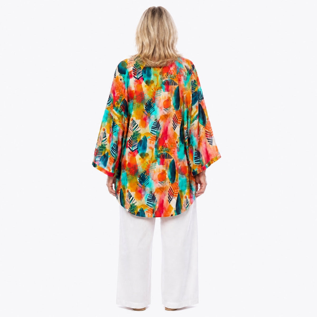 Woman wearing the Claire Powell Tropicana Modal Kimono Cover-Up, back view