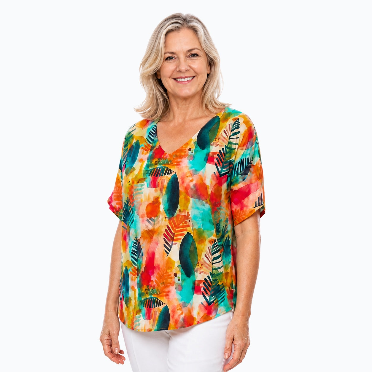 Woman wearing the Claire Powell Tropicana V-Neck T-Shirt, three-quarter view