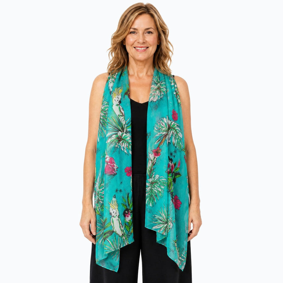 Woman wearing the Claire Powell Tweet Silk Scarf, front view