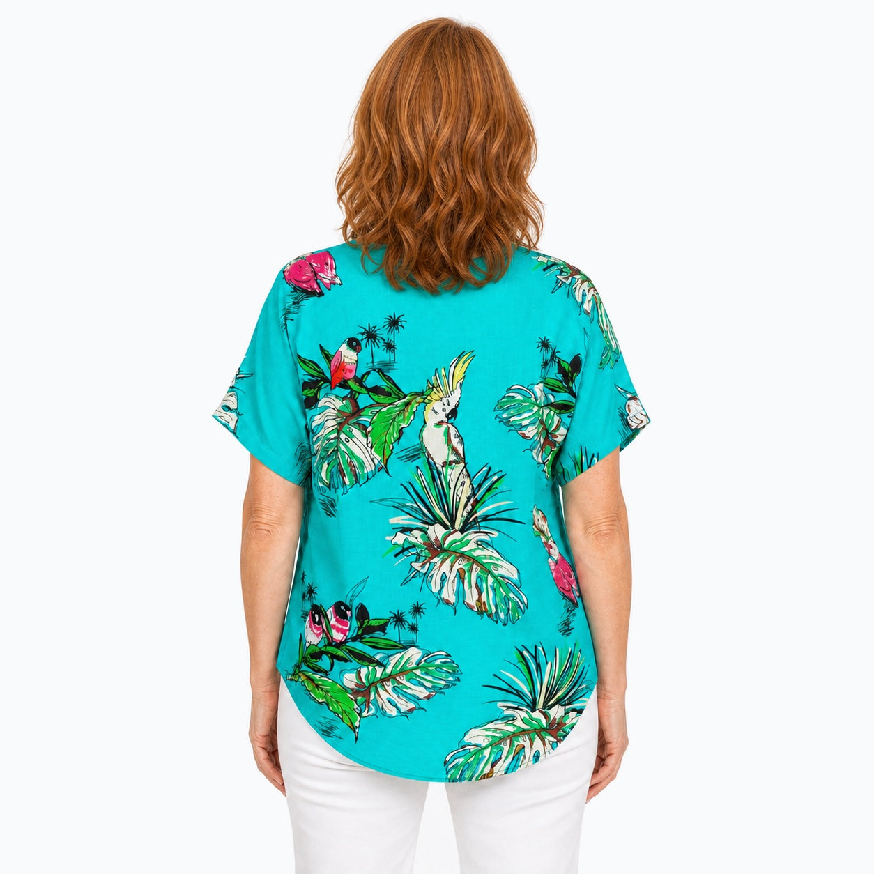 Woman wearing the Claire Powell Tweet V-Neck T-Shirt, back view