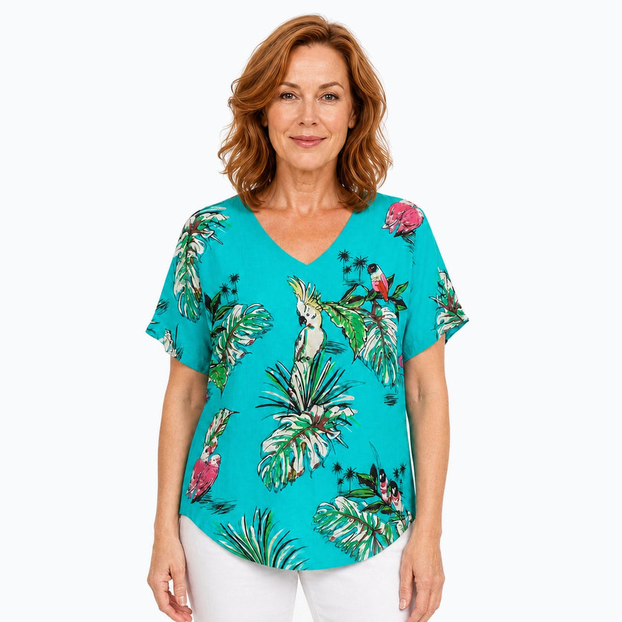 Woman wearing the Claire Powell Tweet V-Neck T-Shirt, front view