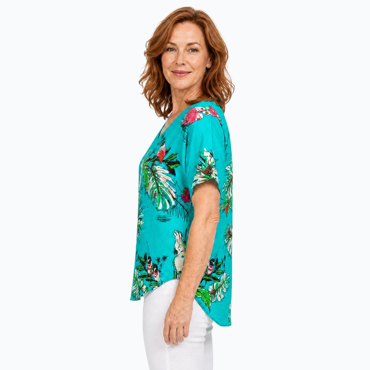 Woman wearing the Claire Powell Tweet V-Neck T-Shirt, side view