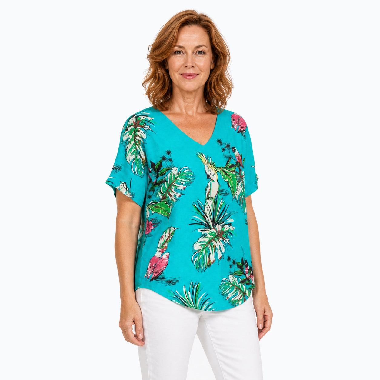 Woman wearing the Claire Powell Tweet V-Neck T-Shirt, three-quarter view