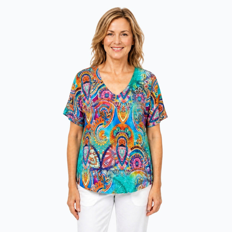 Woman wearing the Claire Powell Mosaic V-Neck T-Shirt, front view