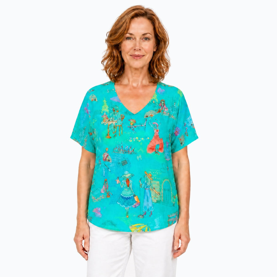 Woman wearing the Claire Powell Sirens V-Neck T-Shirt, front view