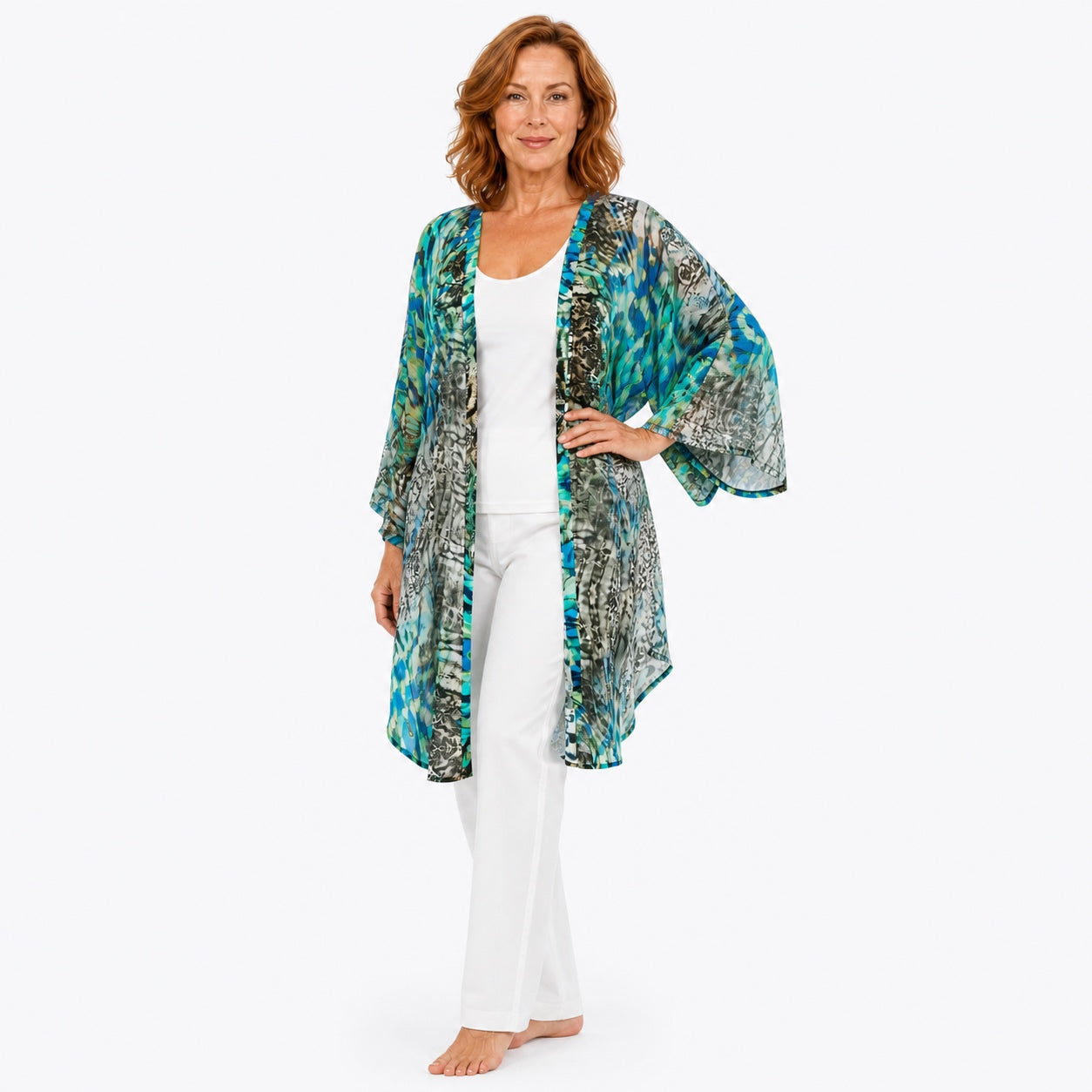 Woman wearing the Claire Powell Vision Modal Kimono Cover-Up, fashion pose
