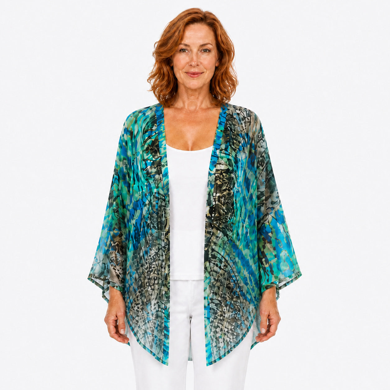 Woman wearing the Claire Powell Vision Modal Kimono Cover-Up, front view