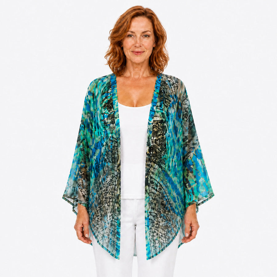 Woman wearing the Claire Powell Vision Modal Kimono Cover-Up, front view