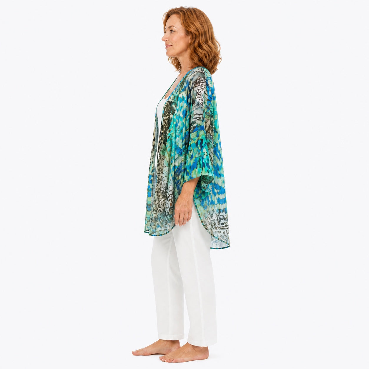 Woman wearing the Claire Powell Vision Modal Kimono Cover-Up, side view