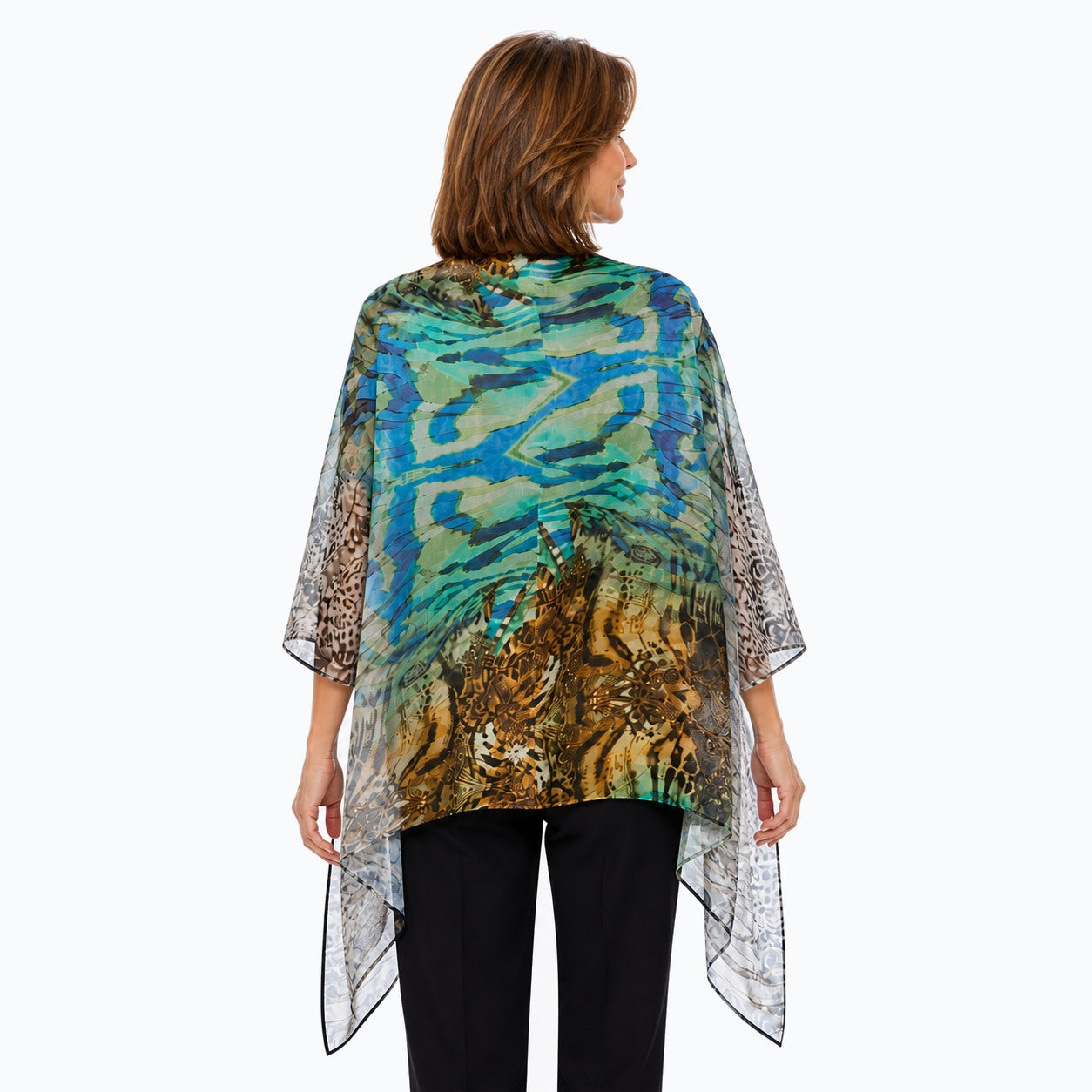 Woman wearing the Claire Powell Vision Silk Modal Scarf, back view