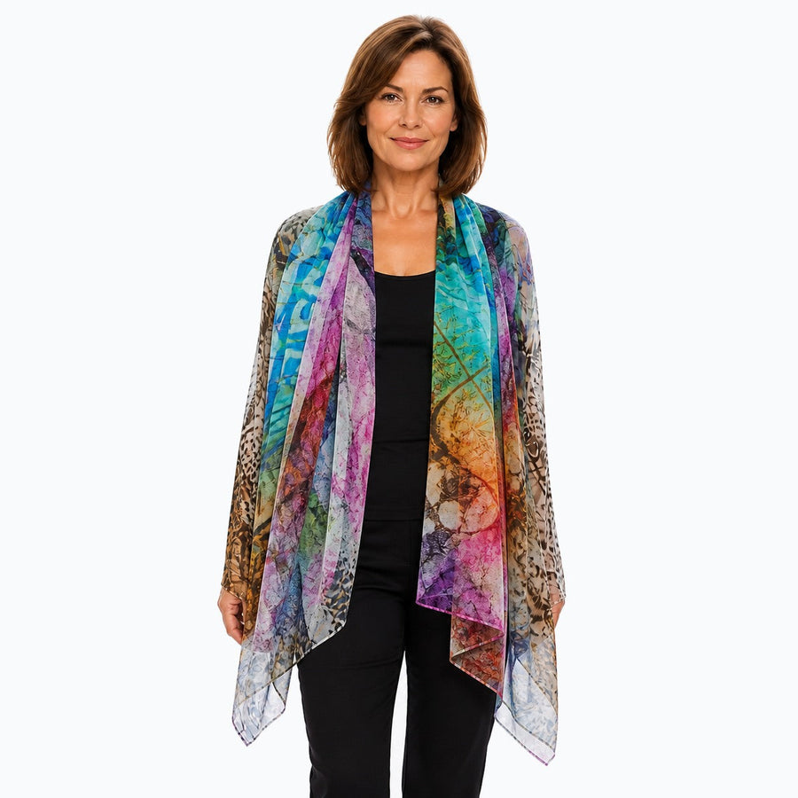 Woman wearing the Claire Powell Vision Silk Modal Scarf, front view