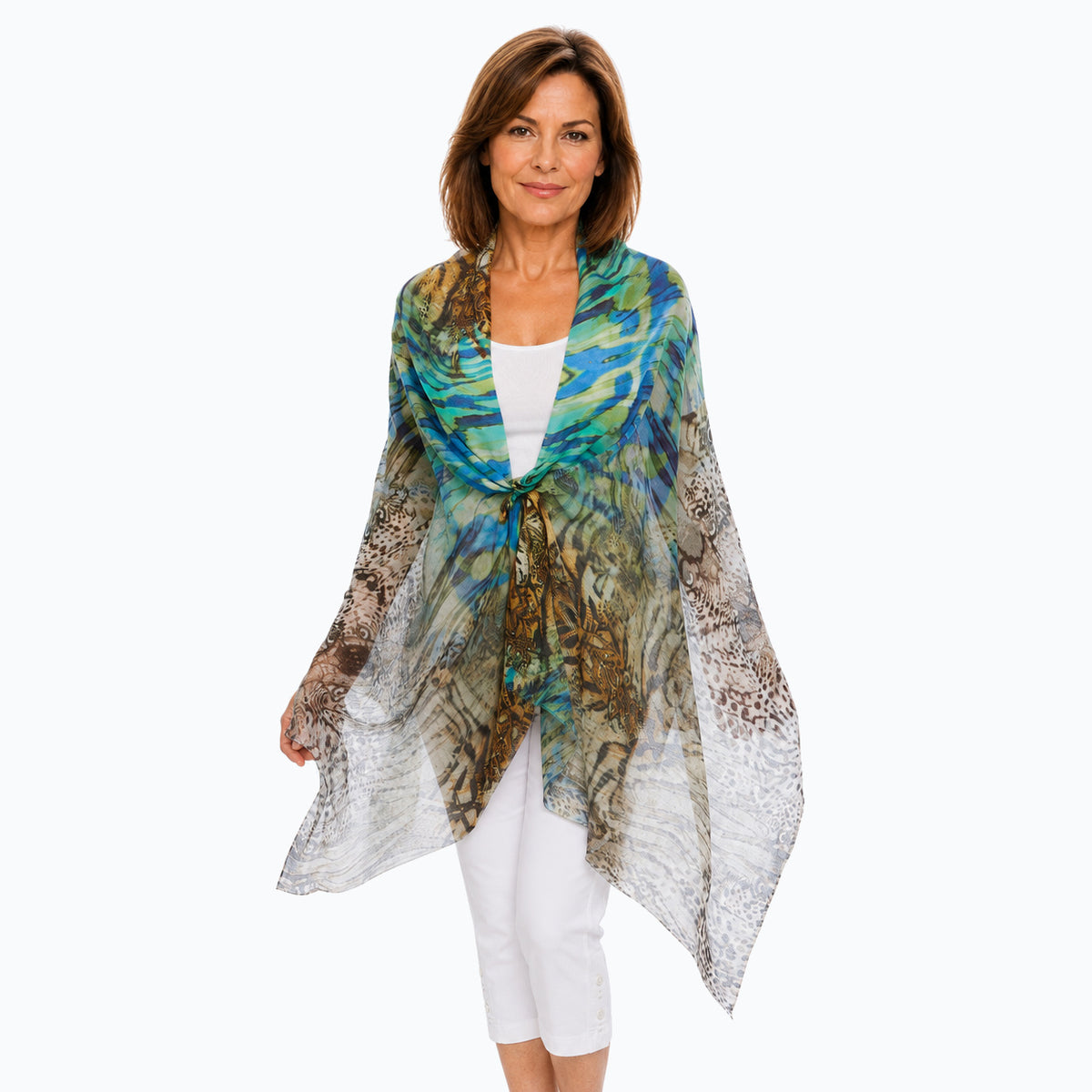 Woman wearing the Claire Powell Vision Silk Modal Scarf tied at the front, showing the complete scarf