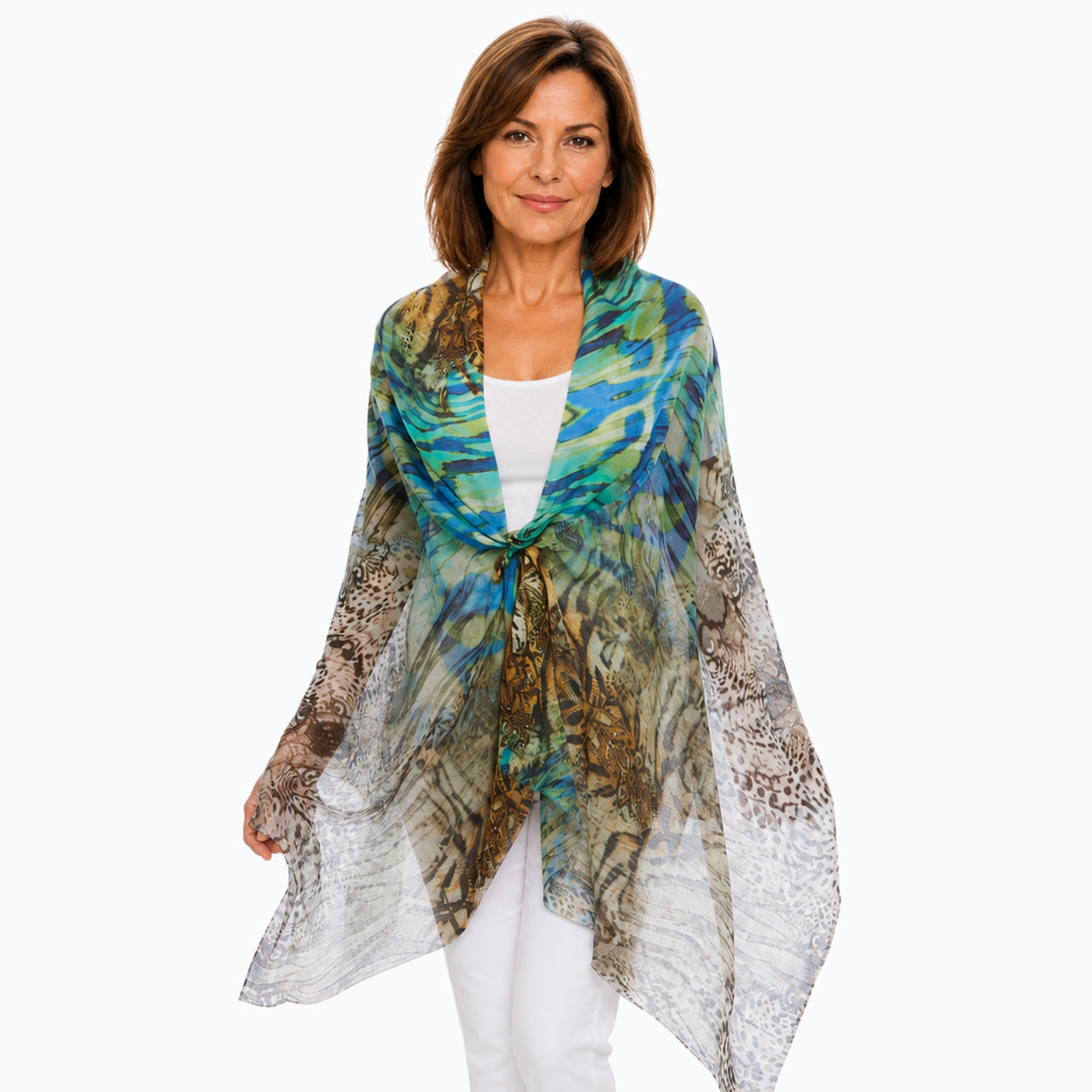Woman wearing the Claire Powell Vision Silk Modal Scarf tied at the front, close view