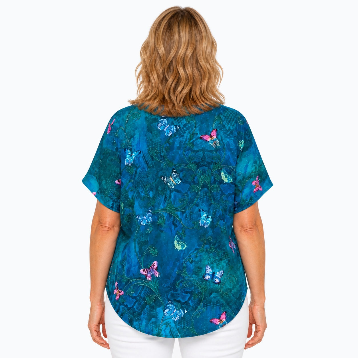 Woman wearing the Claire Powell Whisper V-Neck T-Shirt, back view