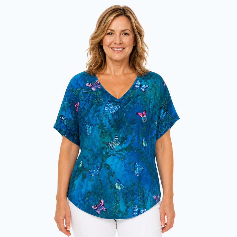 Woman wearing the Claire Powell Whisper V-Neck T-Shirt, front view
