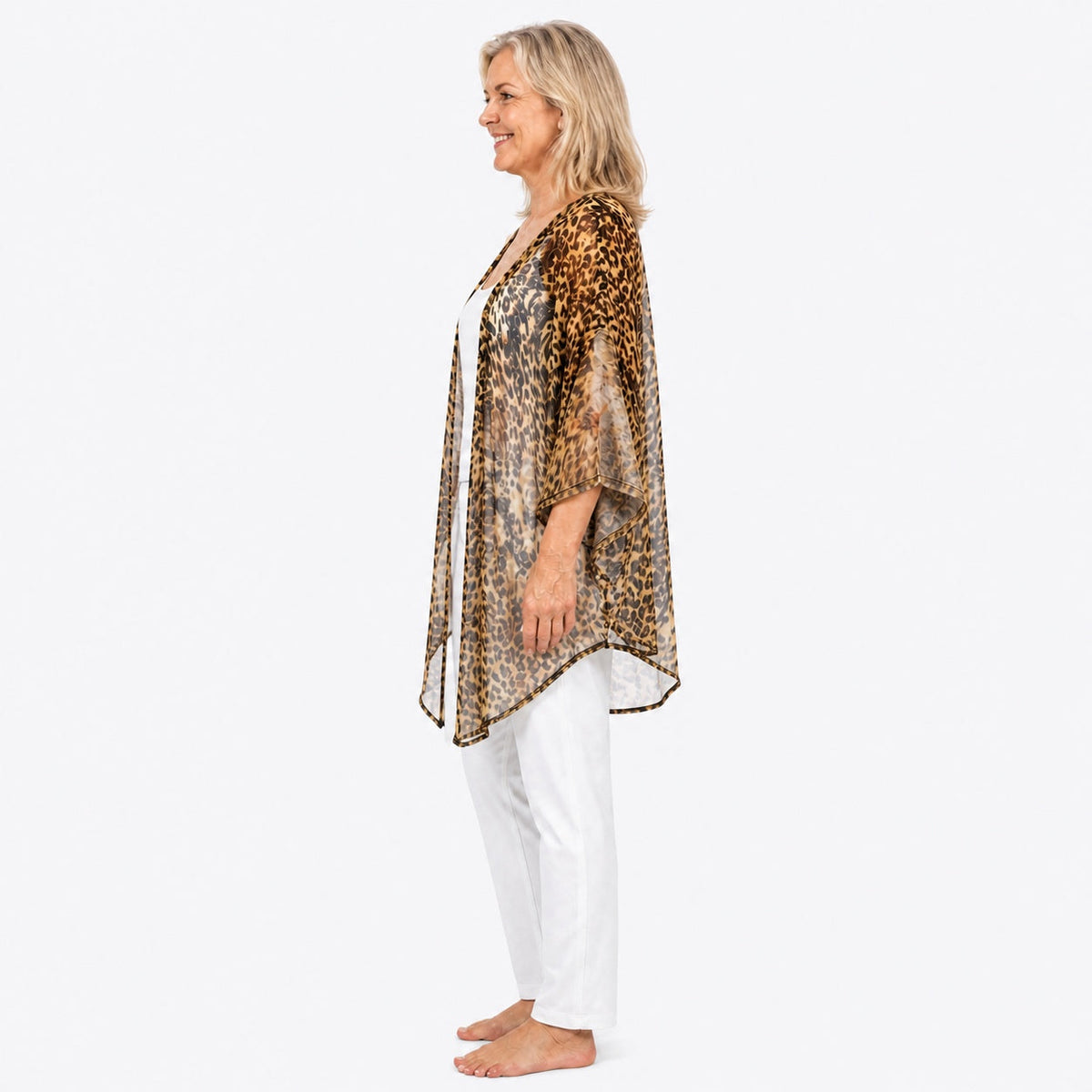Woman wearing the Claire Powell Wilden Cotton Chiffon Kimono Cover-Up, side view