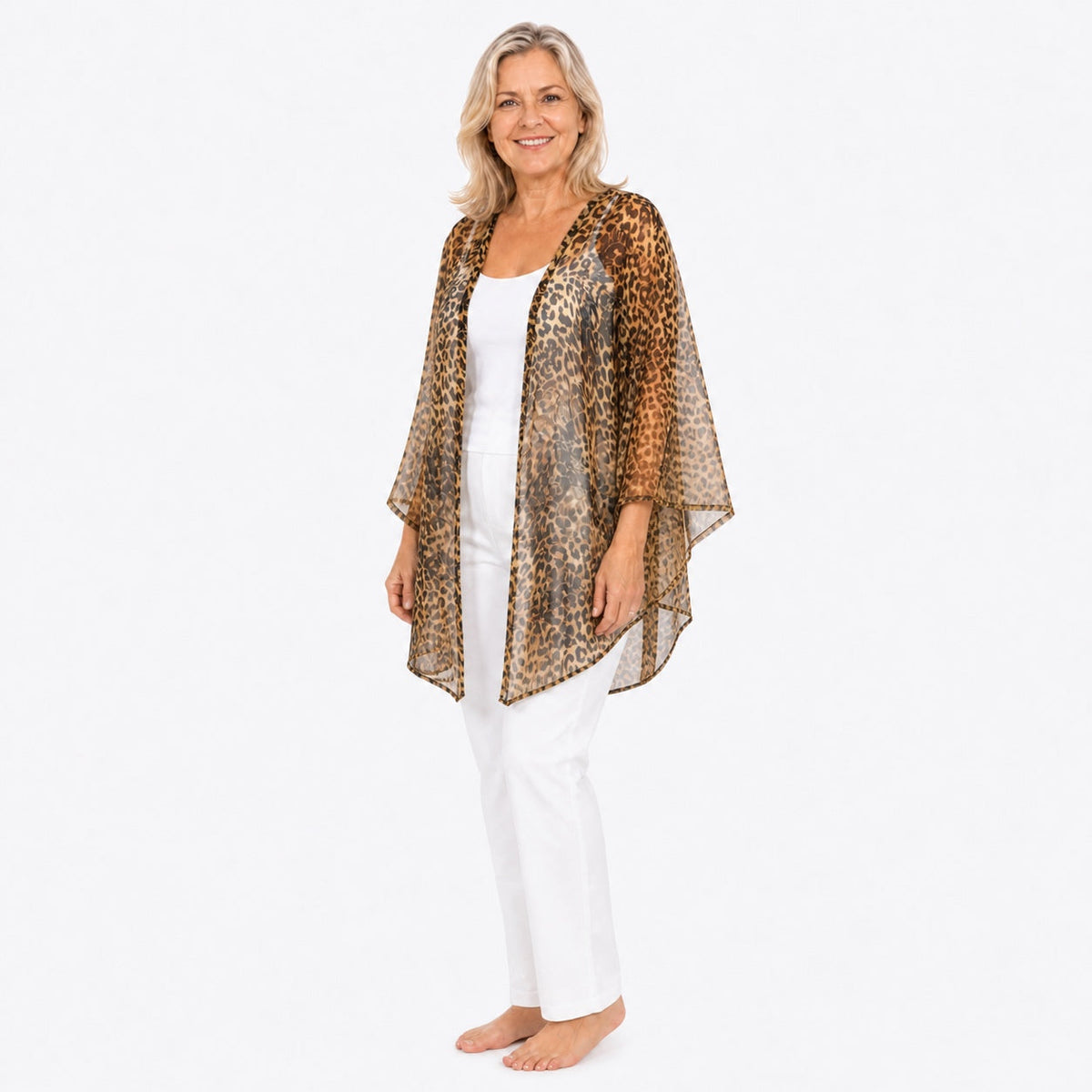 Woman wearing the Claire Powell Wilden Cotton Chiffon Kimono Cover-Up, three-quarter view