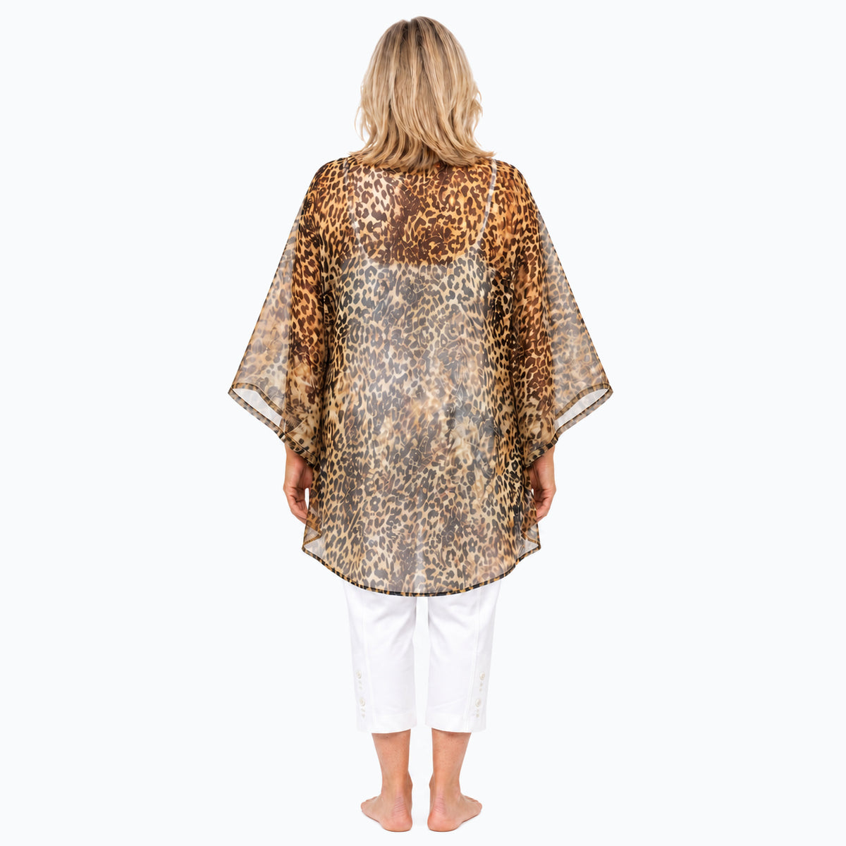Back view of the Wilden cotton chiffon kimono with white capri pants