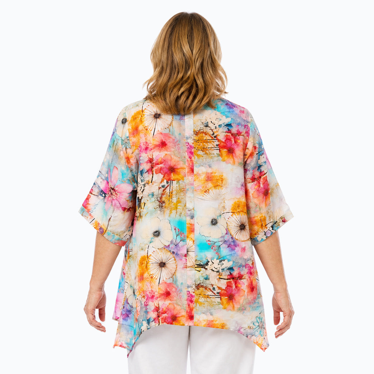 Woman wearing the Claire Powell Zen A-Line Tunic Shirt, back view
