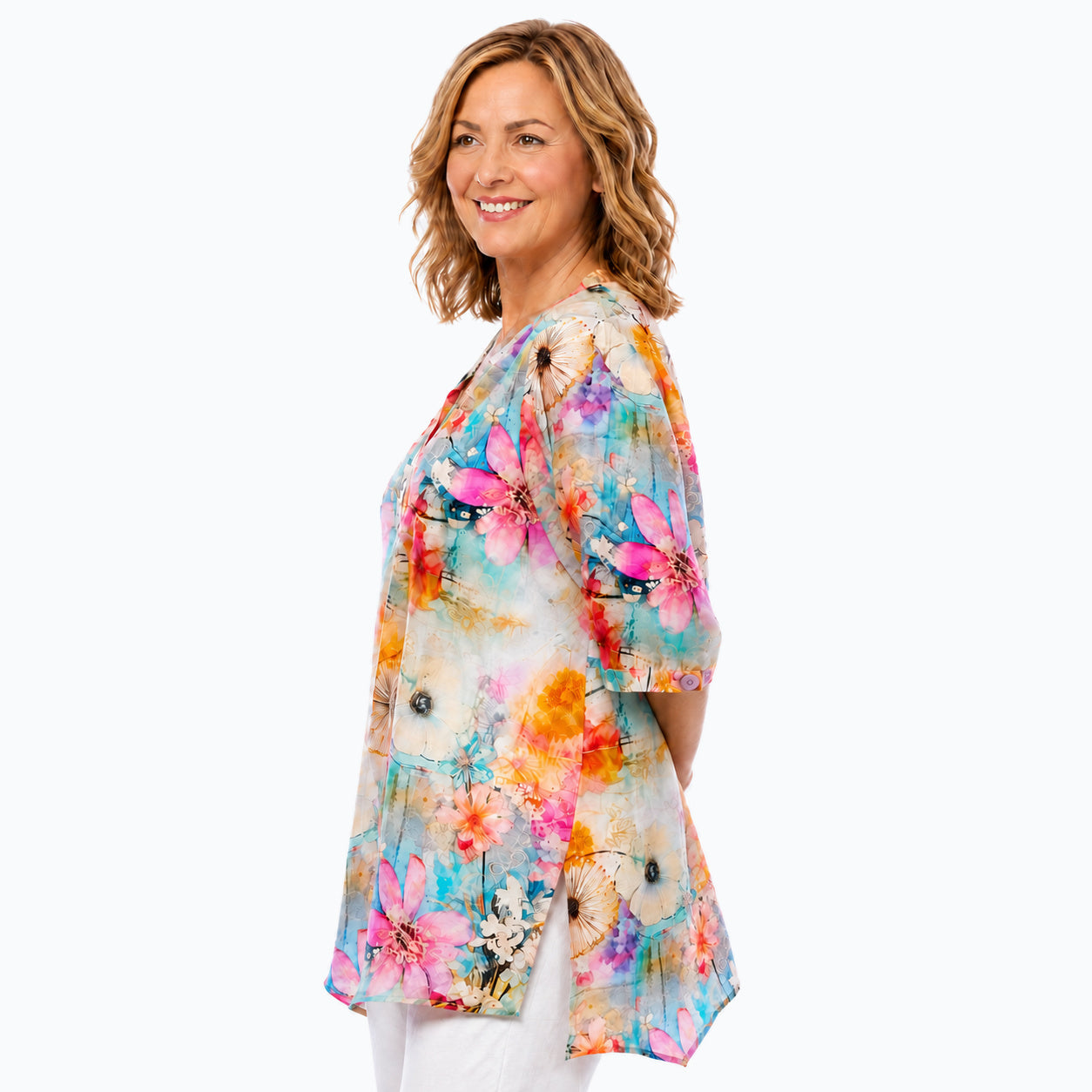 Woman wearing the Claire Powell Zen A-Line Tunic Shirt, side view