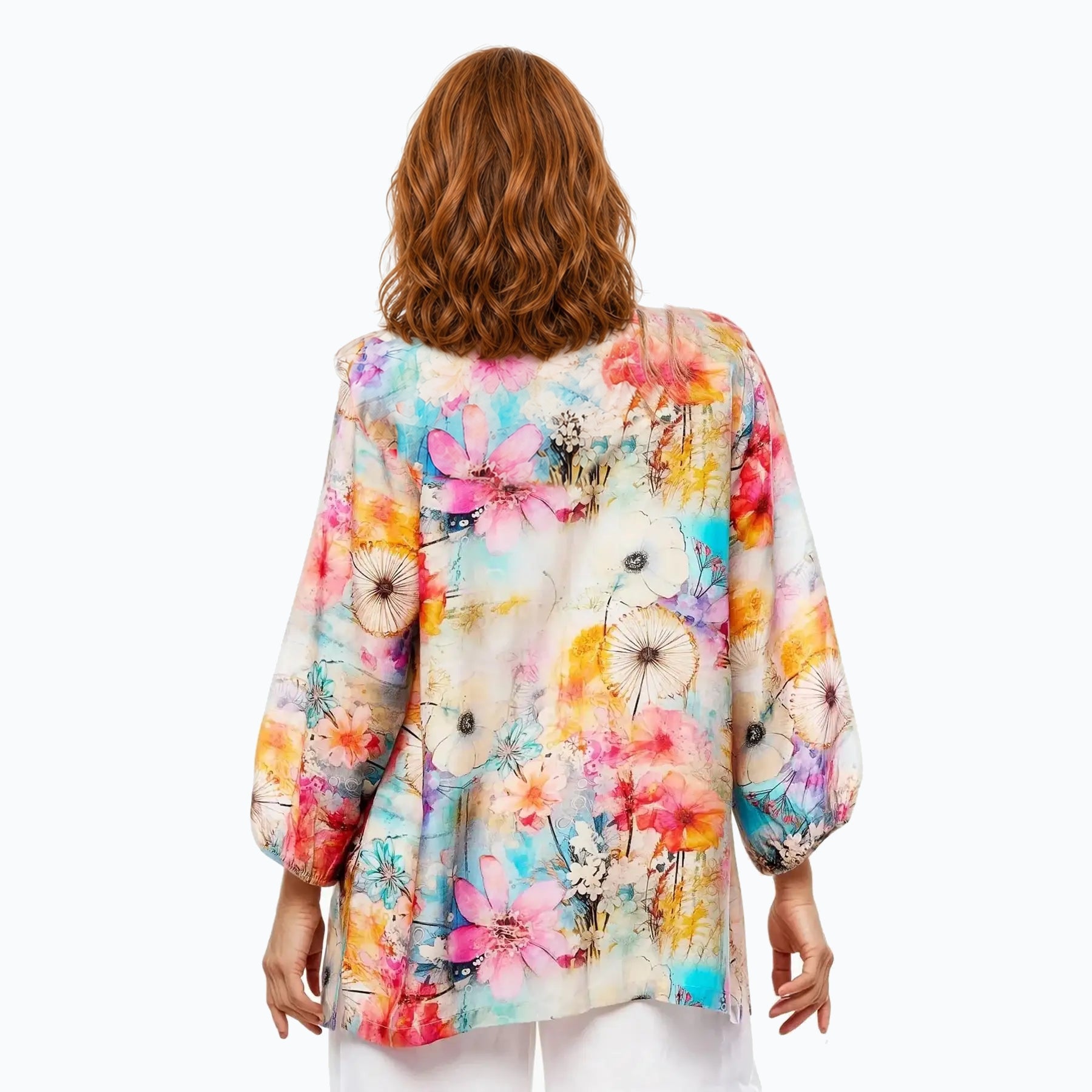Model C wearing the Claire Powell Zen Collared Silk Shirt, back view