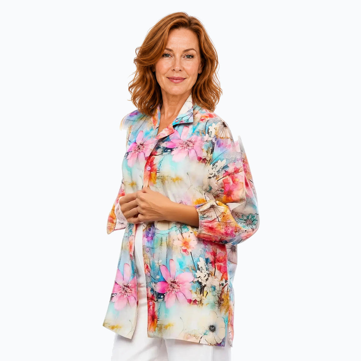 Model C wearing the Claire Powell Zen Collared Silk Shirt, three-quarter side view