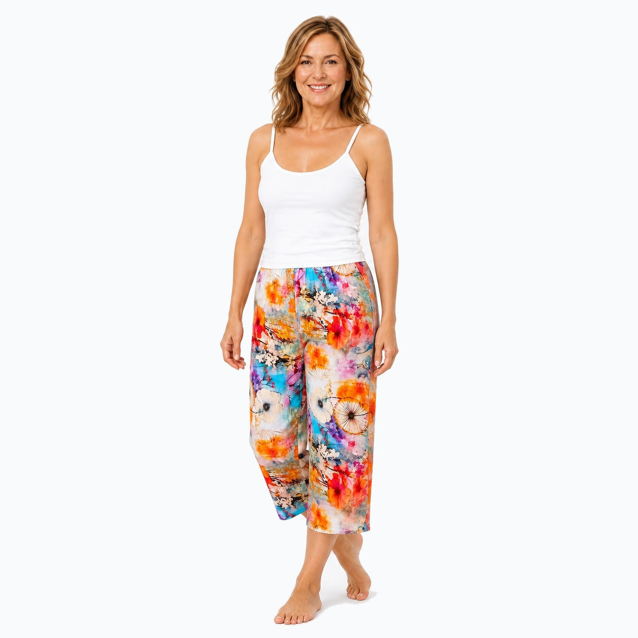 Woman wearing the Claire Powell Zen Cotton 7/8 Pants, three-quarter view