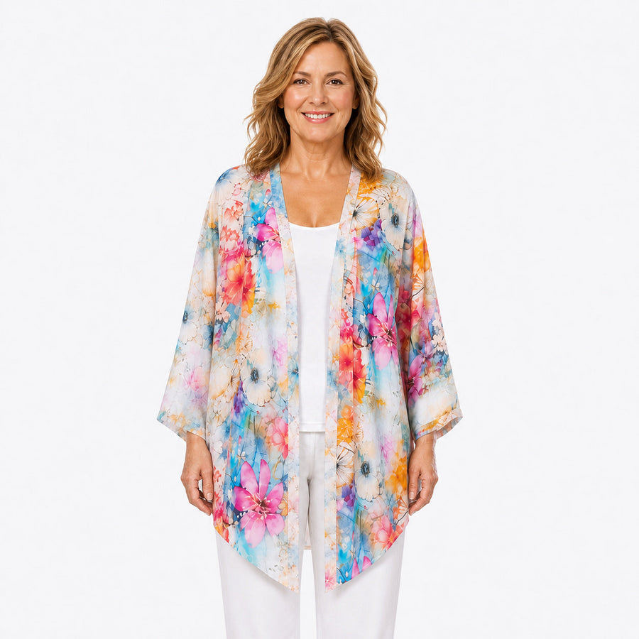 Woman wearing the Claire Powell Zen Modal Kimono Cover-Up, front view