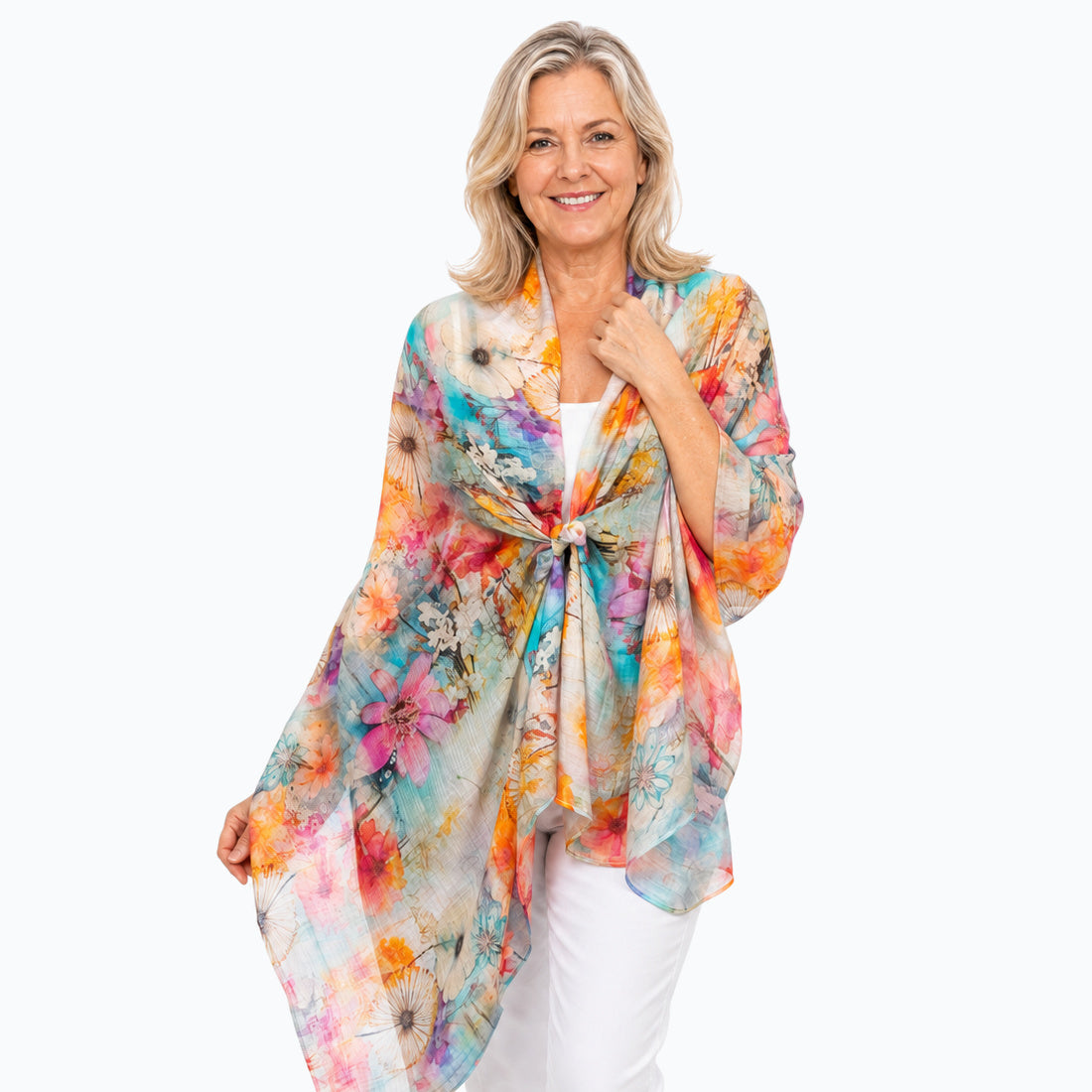 Claire Powell Zen scarf tied as a shoulder wrap, front view