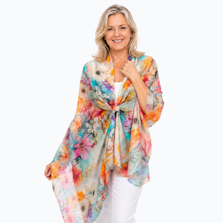 Claire Powell Zen scarf tied as a shoulder wrap, front view