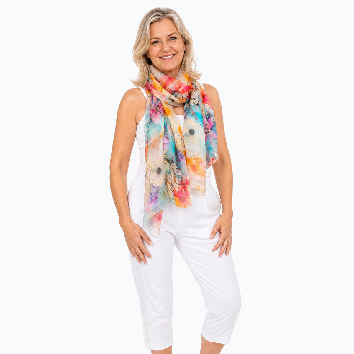 Claire Powell Zen scarf loosely looped around the neck, relaxed angled view