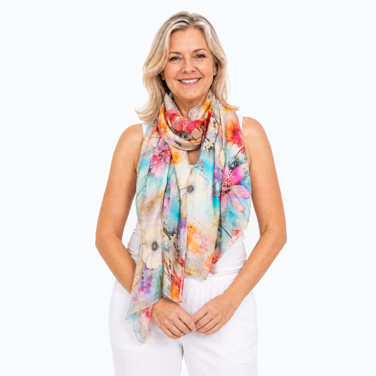 Claire Powell Zen scarf loosely looped around the neck, front view
