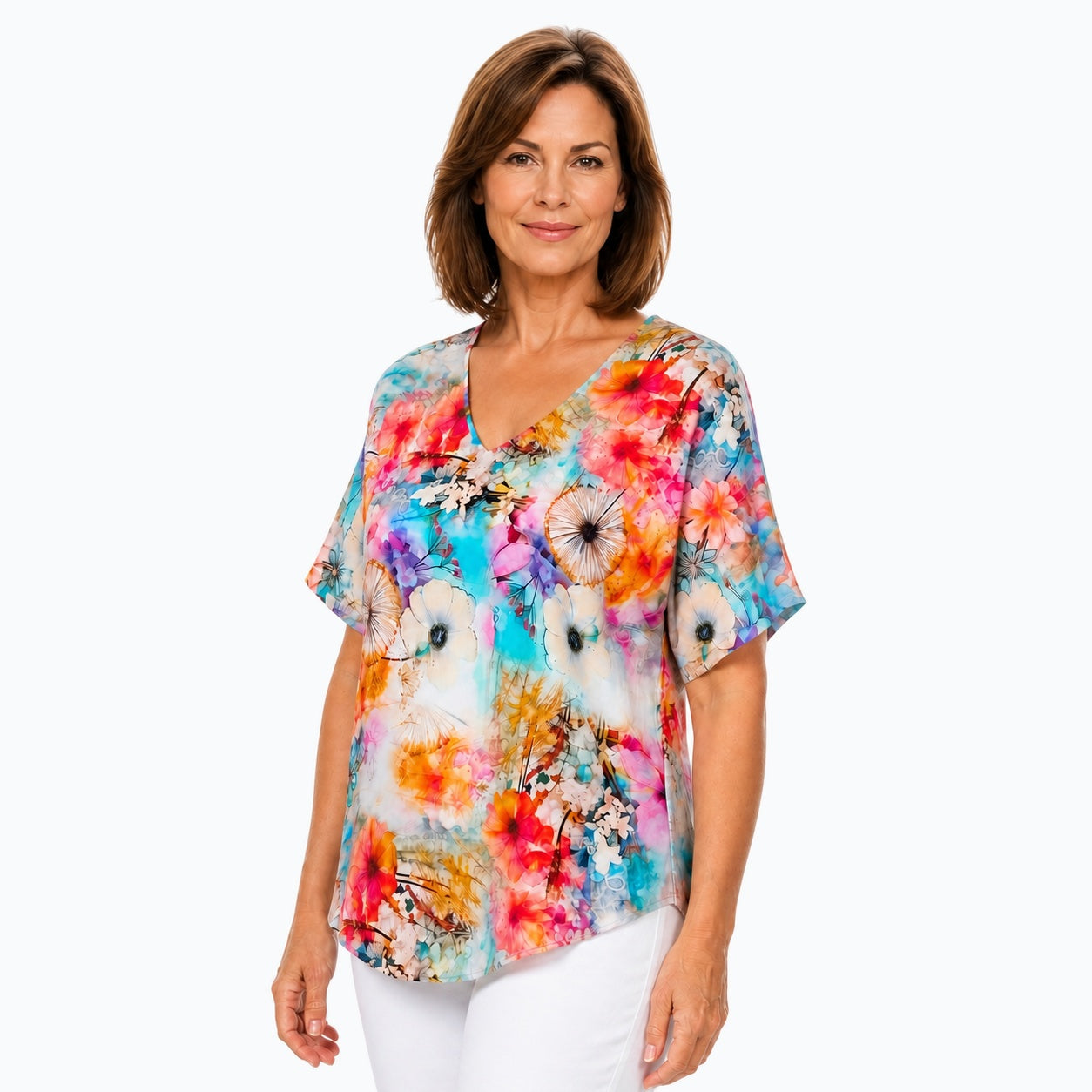 Woman wearing the Claire Powell Zen V-Neck T-Shirt, three-quarter view