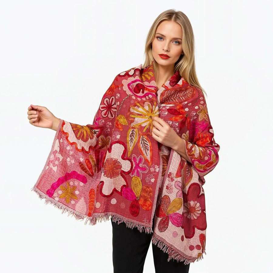 Coral embroidered wool shawl and wrap - Claire Powell