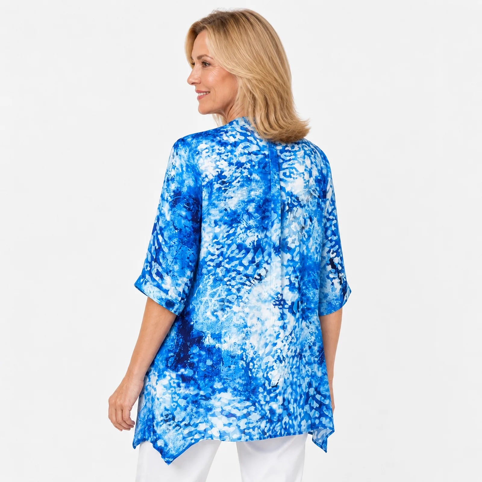 Claire Powell Snowcat A-line tunic blouse on a 50-year-old Caucasian model, rear view