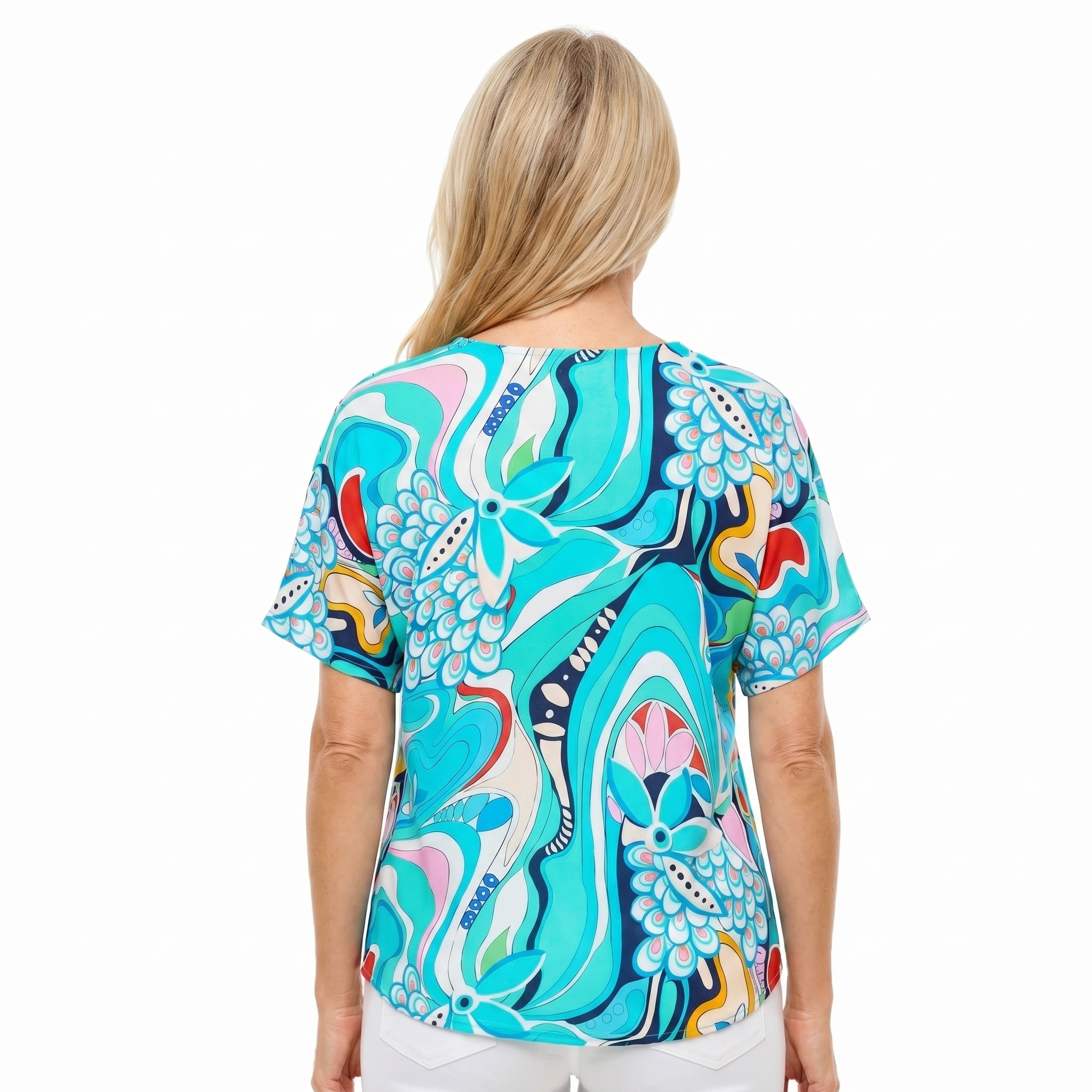 Woman wearing Claire Powell V-Neck T-Shirt in Sakura print, back view, white studio background
