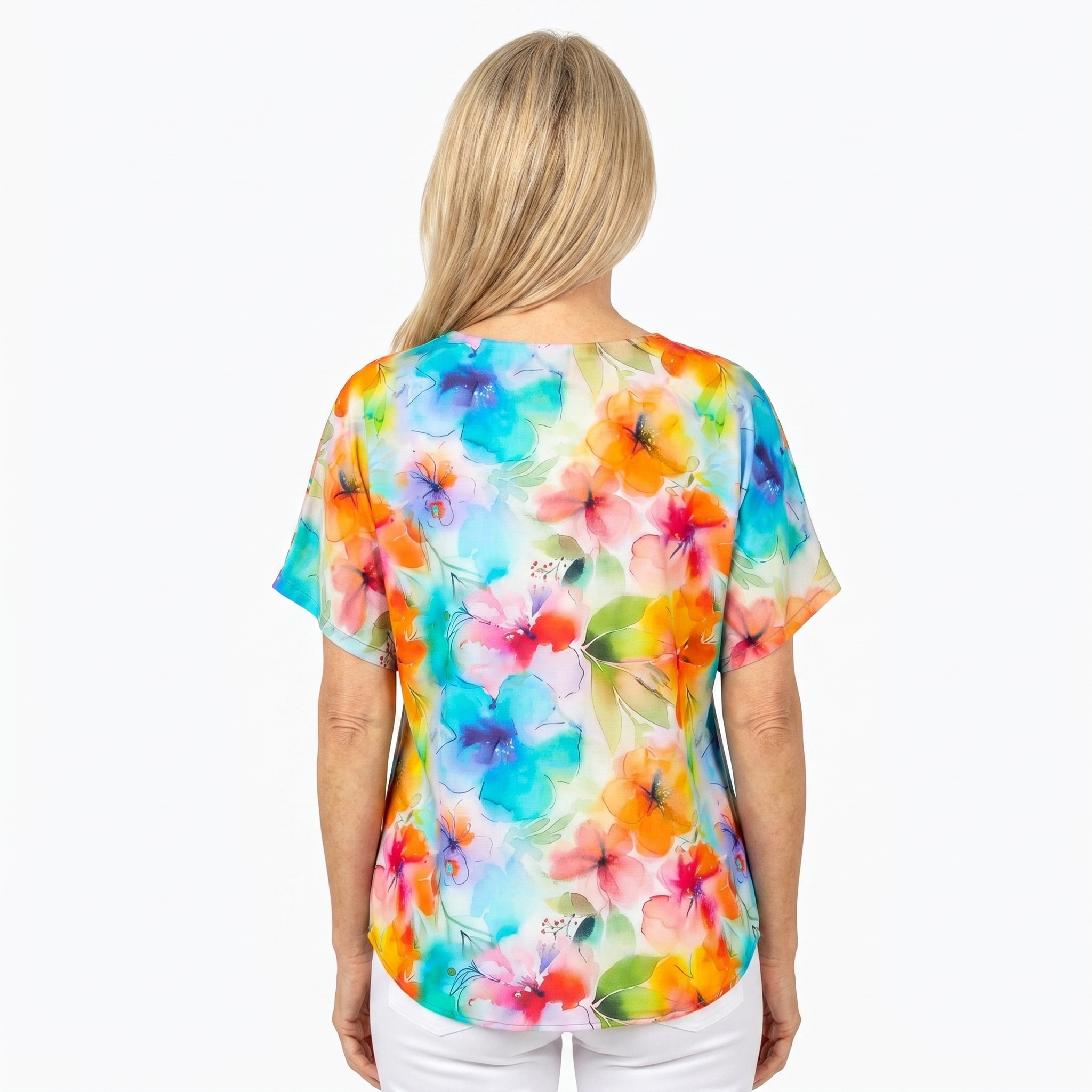 Woman wearing Claire Powell V-Neck T-Shirt in Blushing print, back view, white studio background