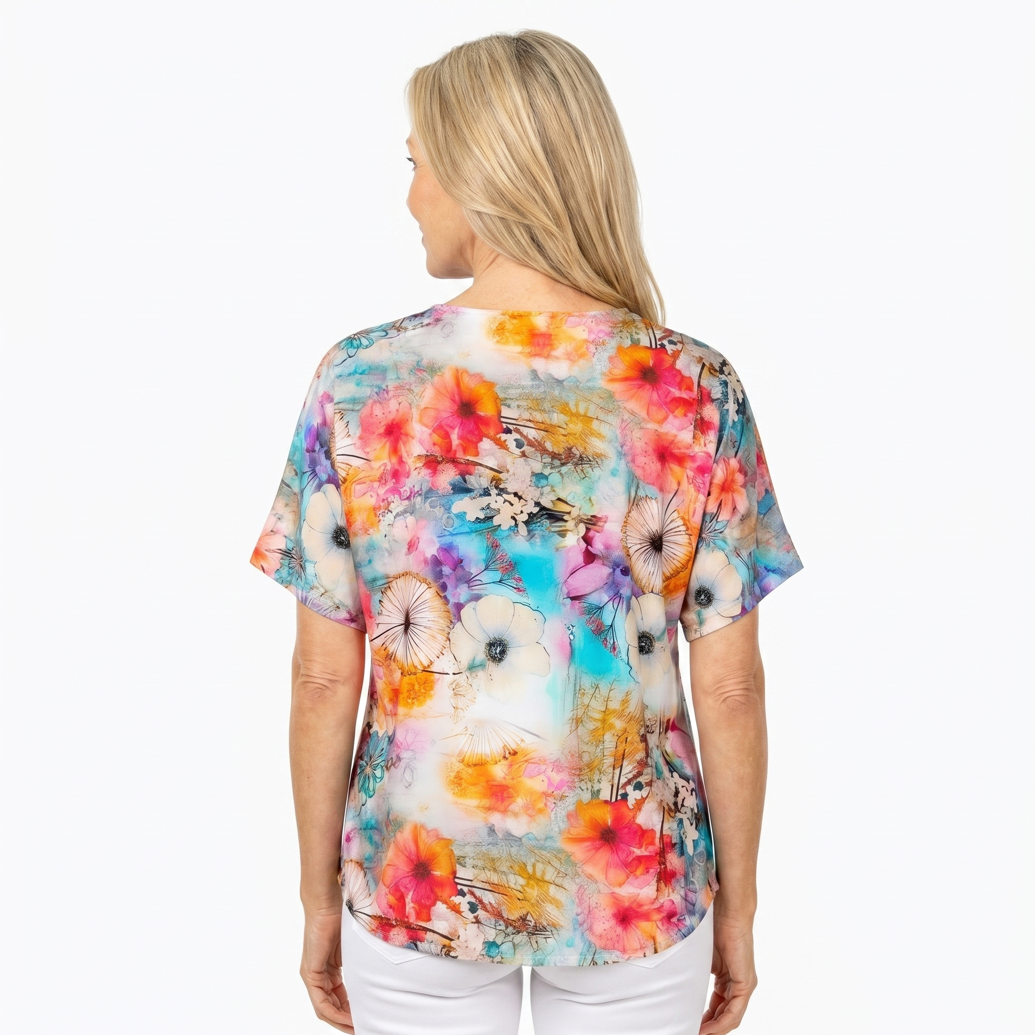 Woman wearing Claire Powell V-Neck T-Shirt in Zen print, back view, white studio background
