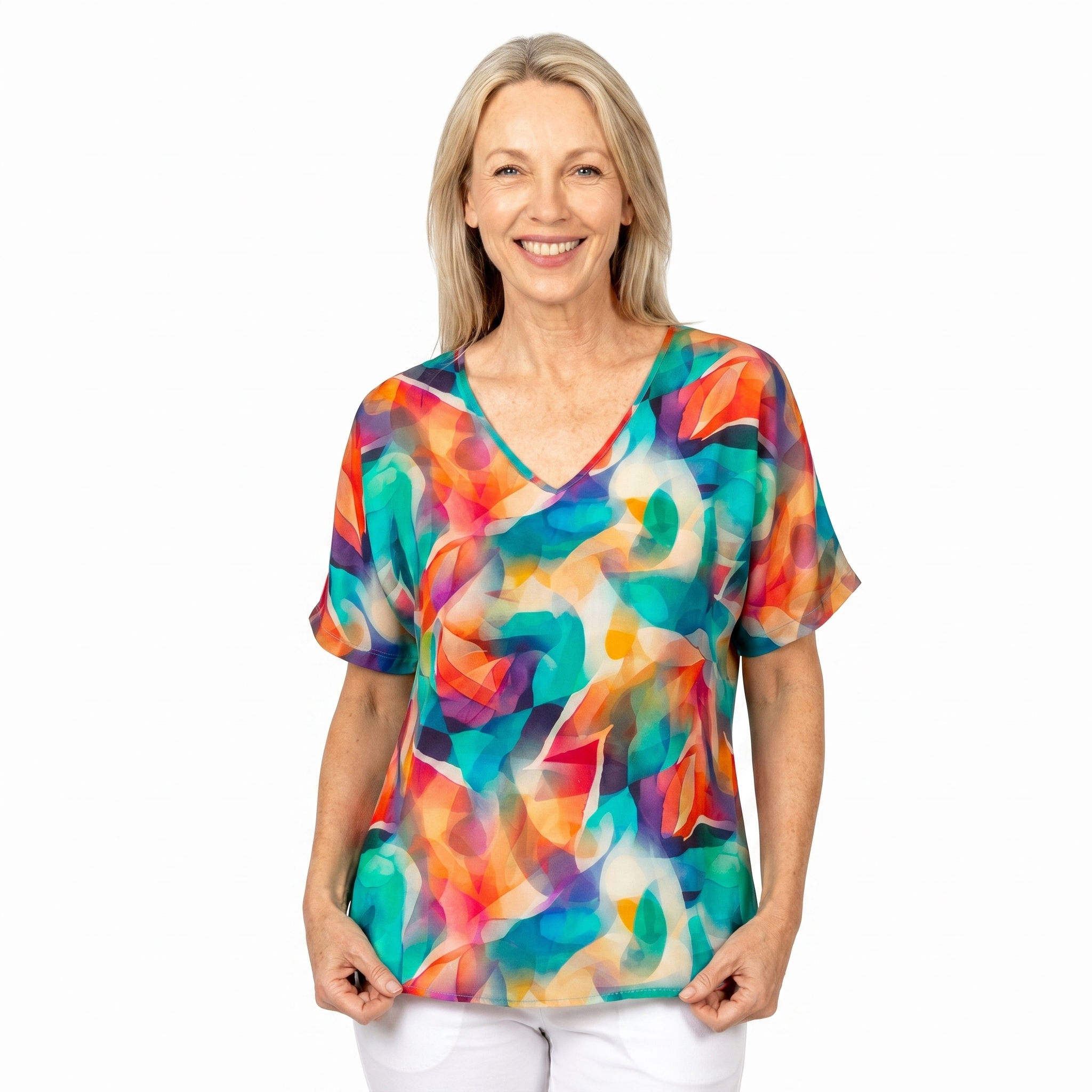Woman wearing Claire Powell V-Neck T-Shirt in Shine print, front view, white studio background