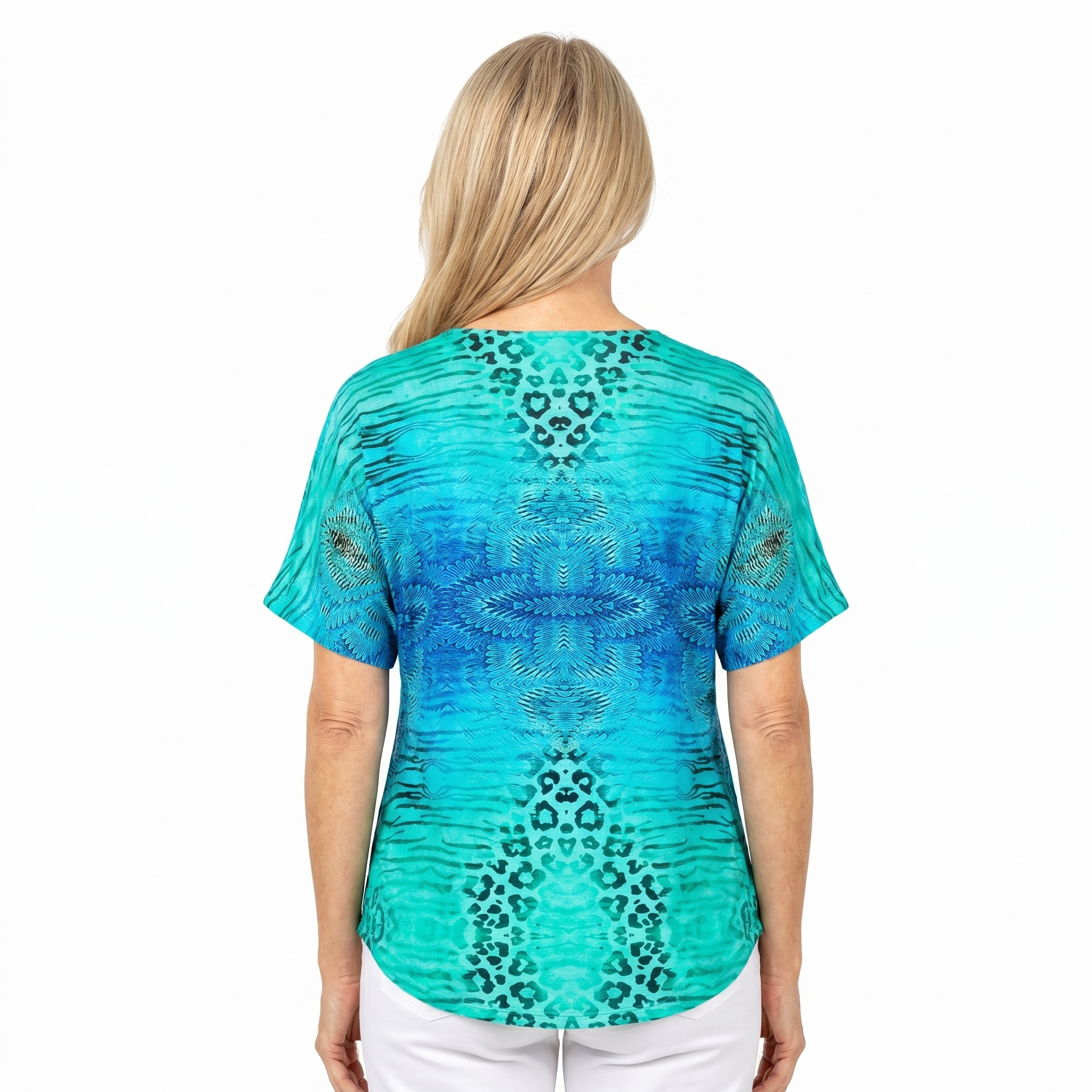 Woman wearing Claire Powell V-Neck T-Shirt in Spray print, back view, white studio background