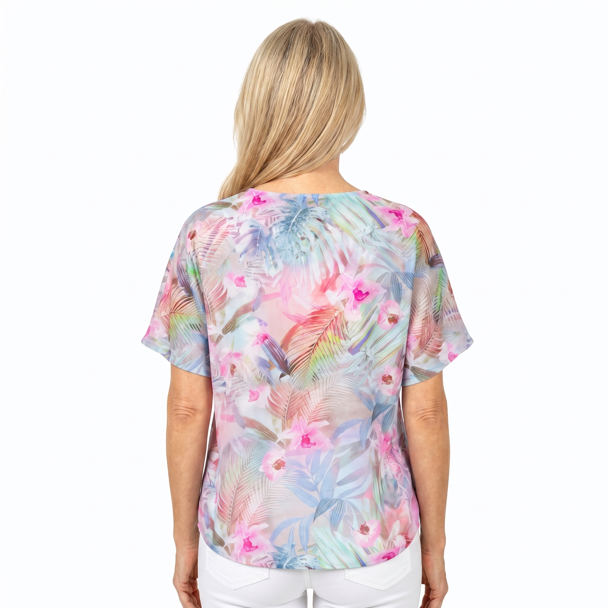 Woman wearing Claire Powell V-Neck T-Shirt in Singapore print, back view, white studio background