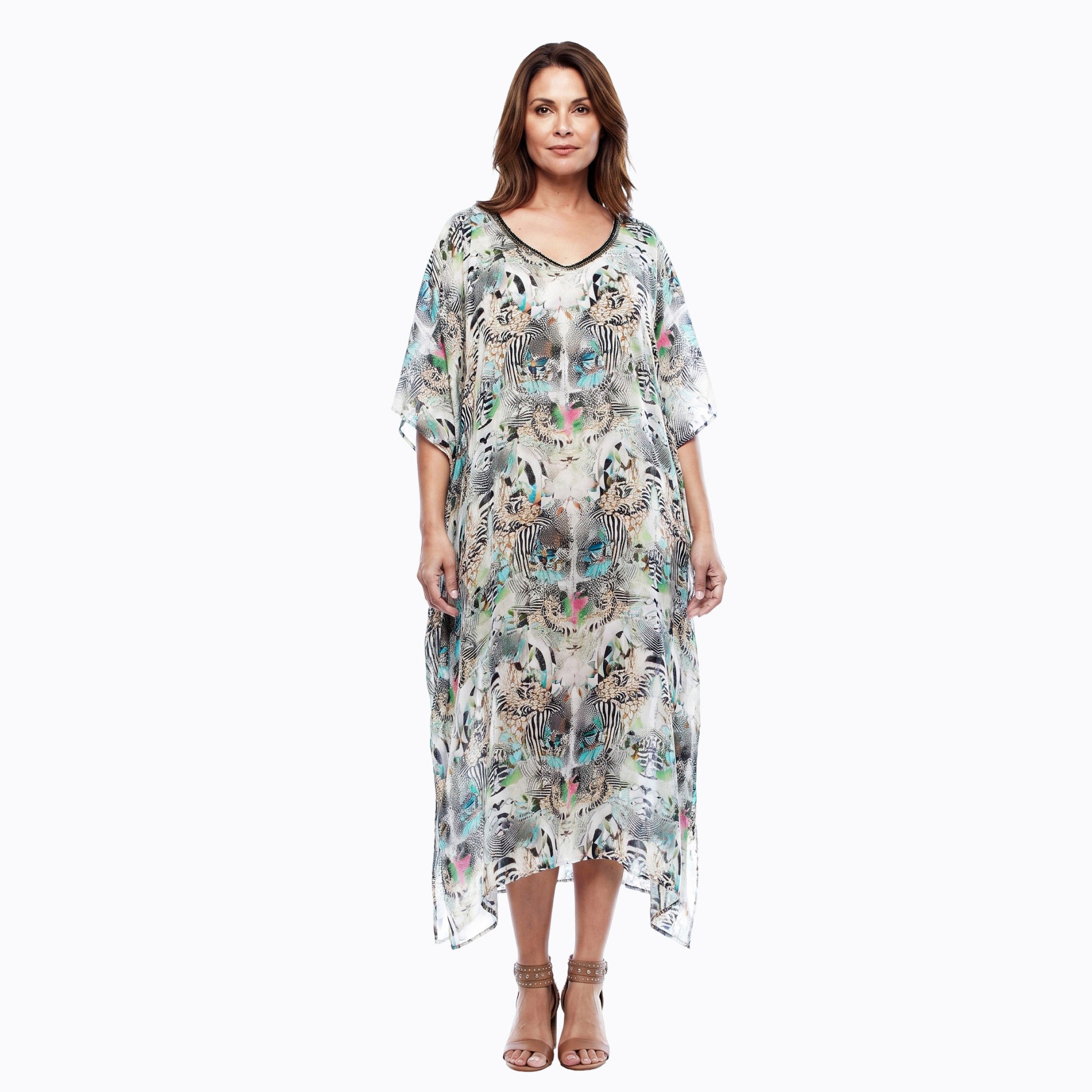 Claire Powell Kaftan Dress (Zebra) – front view with beaded V-neckline