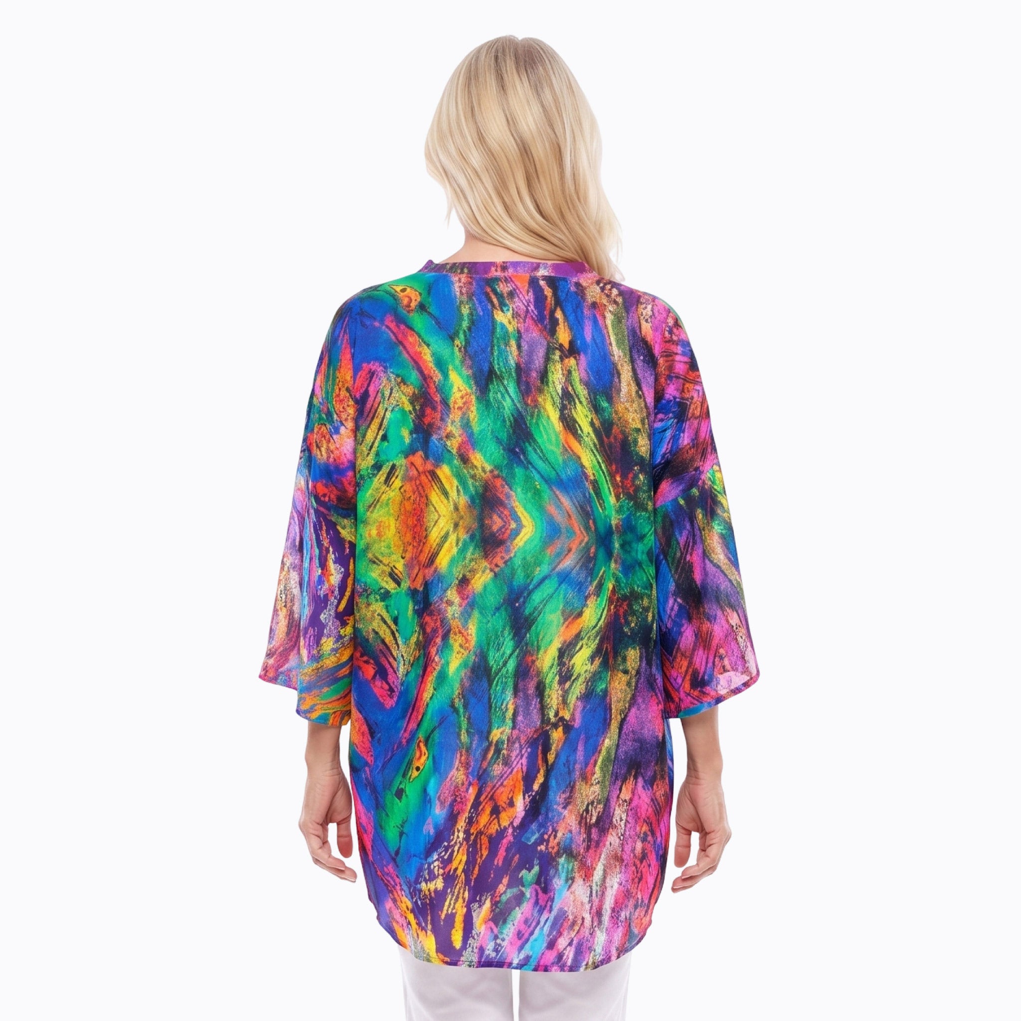 Woman wearing Claire Powell Modal Kimono Cover-Up in Surprise print, multicoloured, back view