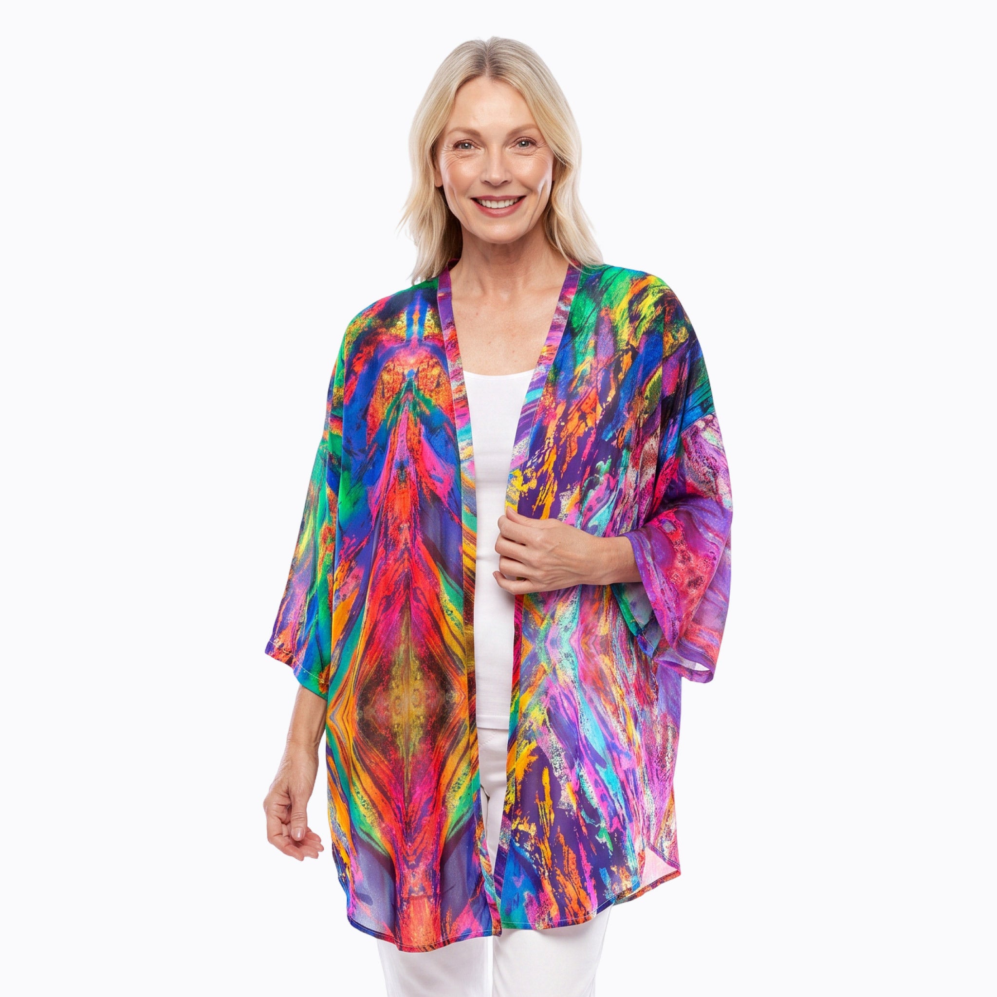 Woman wearing Claire Powell Modal Kimono Cover-Up in Surprise print, multicoloured, front view